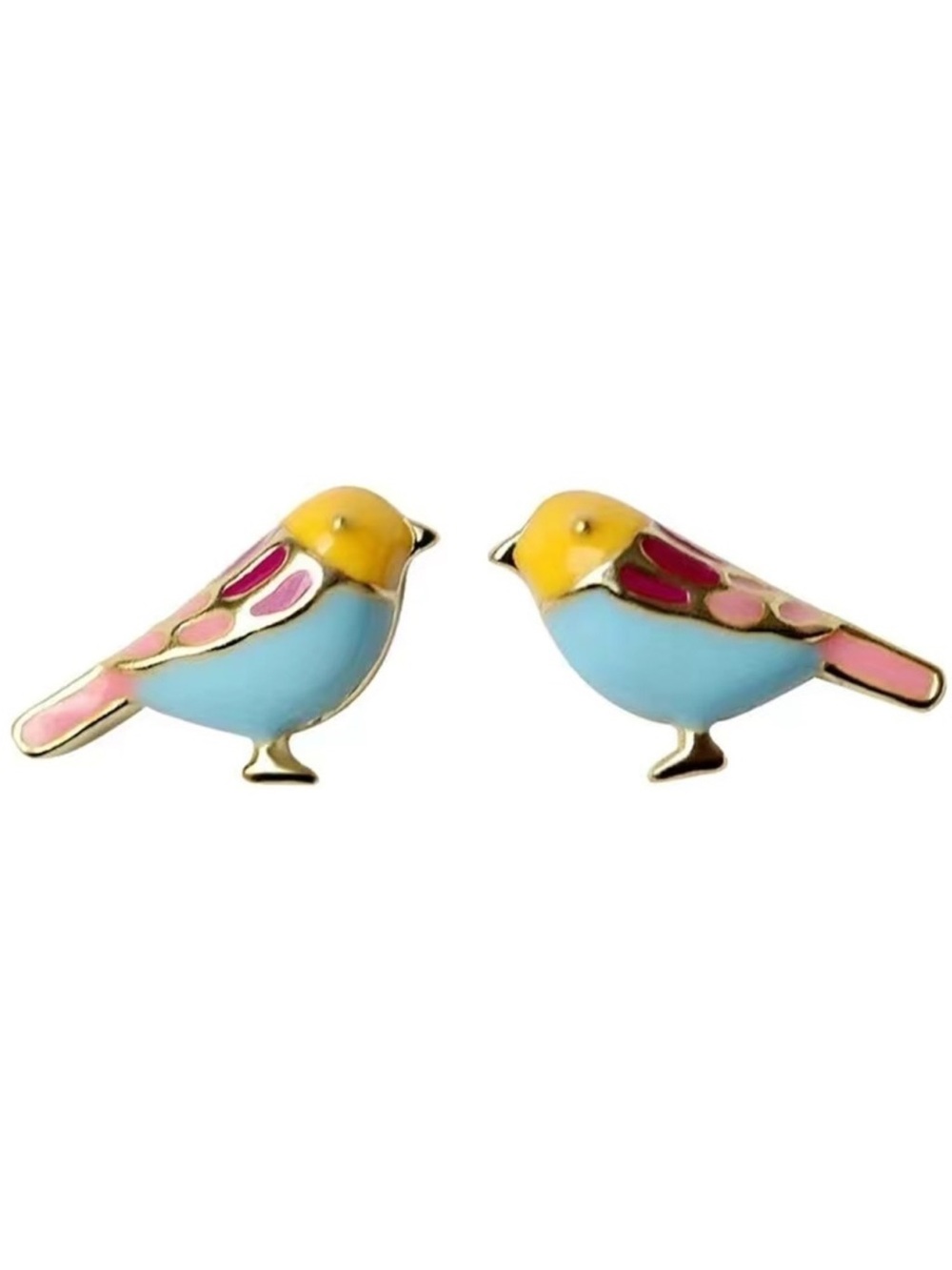 Colorful Bird Stud Earrings – Blue Yellow Pink Enamel